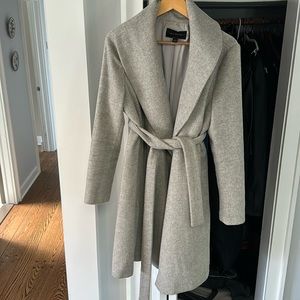 Ann Taylor Light Gray Long Belted Herringbone Coat Jacket Size Large - Like New!